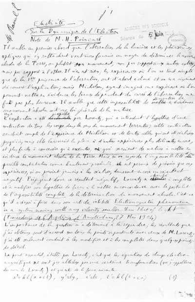 Manuscript on electron dynamics, 5th June 1905 by Henri Poincare